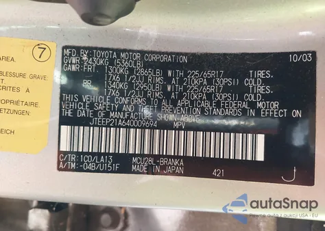 2004 Toyota Highlander Limited V6 z USA, uszkodzony, nr VIN JTEEP21A640009694